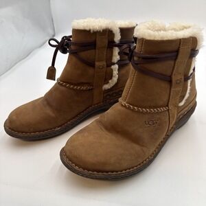 Ugg Boots Women 9 Caspia Ankle Short Sheepskin Winter Brown Leather Lace Up 1932